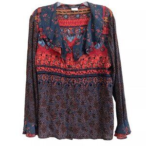 Carole Little Patchwork Blouse Top 10 Petite Ruffle Vintage Artsy Eclectic